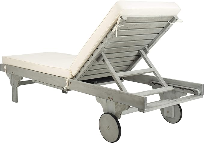 SAFAVIEH Outdoor Collection Newport Grey / Beige Cushion Built-in Side Table Adjustable Chaise Lounge Chair - Photo 4