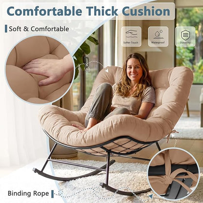 Cushioned Papasan Rocking Chair for Outdoor Indoor, Oversized Outdoor Rocking Chair with Cushion, Egg Rocker for Patio, Porch, Balcony, Lawn, Bedroom, Living Room, Beige