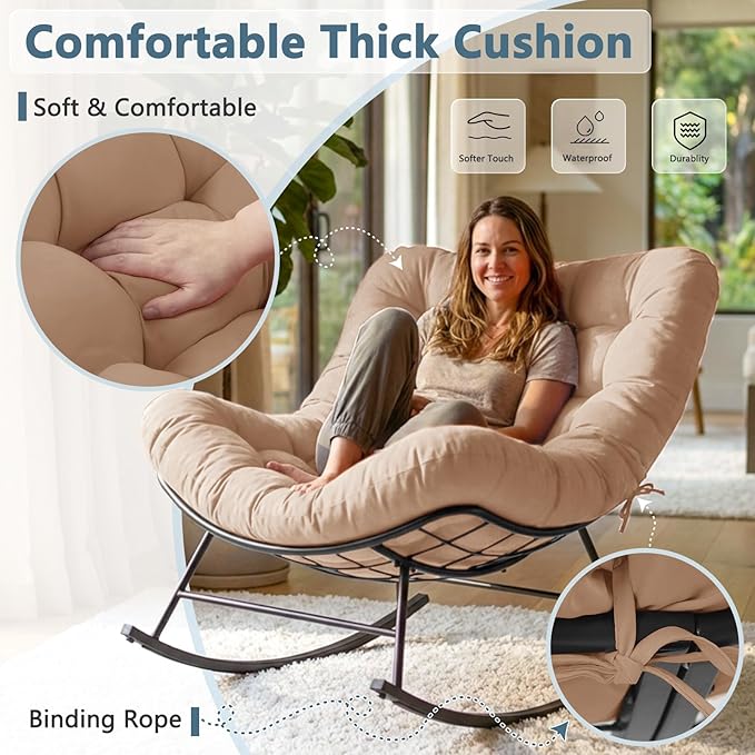 Outdoor Rocking Chairs Set of 2 with Wicker Side Table, Thick Cushioned Papasan Rocking Chairs with End Table, 3PCS Oversized Egg Chair Set for Patio, Porch, Balcony, Bedroom, Living Room, Beige