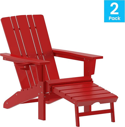 Flash Furniture Halifax Poly Resin Adirondack Chair with Cup Holder and Pull Out Ottoman, All-Weather Poly Resin Indoor/Outdoor Lounge Chair, Set of 2, Red