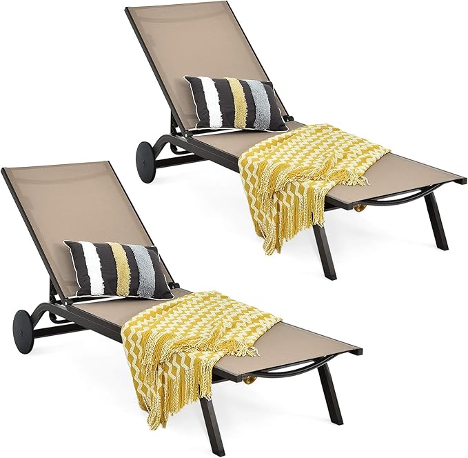 Giantex Lounge Chairs for Outside Patio Chaise Lounges Aluminum Recliner W/Adjustable 6 Backrest Positions and Wheels - Photo 1