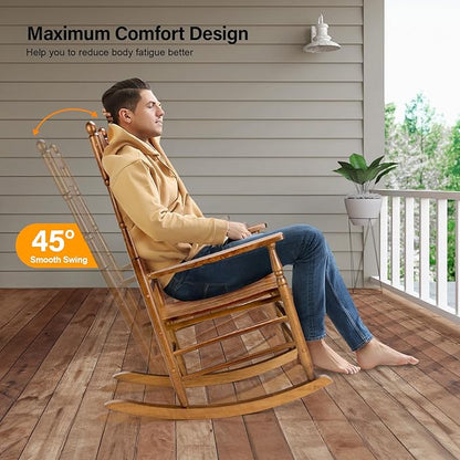 VINGLI Wooden Rocking Chair, Outdoor Chair with 450 lbs Support, Relaxing Rocker with Solid Wood High Back Seat Reclining Seat for Deck, Garden, Backyard, Porch, Indoor or Outdoor Use (Teak, 1PC)