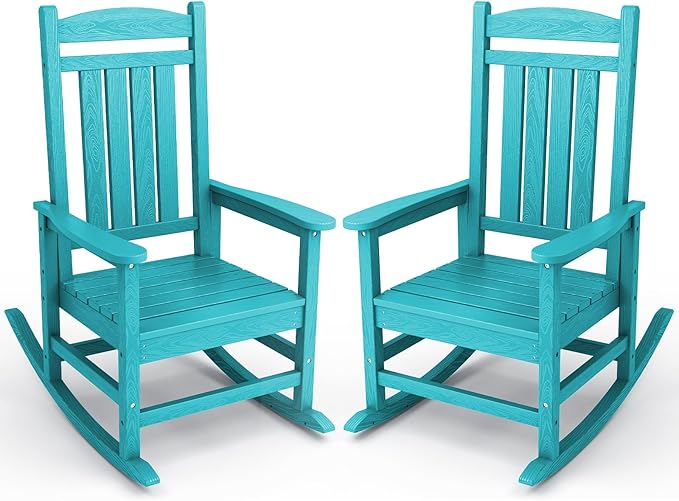 KINGYES Outdoor Rocking Chair Set of 2, HDPE Patio Rocking Chairs with 330lbs Support for Adults, Aruba Blue