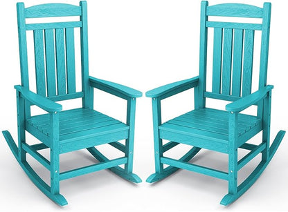 KINGYES Outdoor Rocking Chair Set of 2, HDPE Patio Rocking Chairs with 330lbs Support for Adults, Aruba Blue