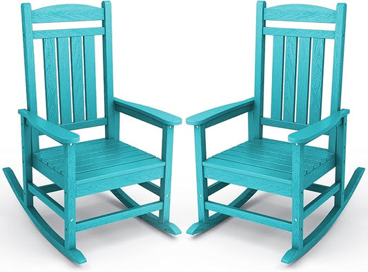KINGYES Outdoor Rocking Chair Set of 2, HDPE Patio Rocking Chairs with 330lbs Support for Adults, Aruba Blue
