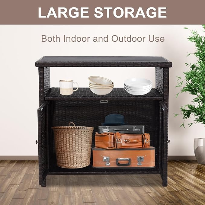 Kinfant Outdoor Wicker Storage Cabinet, Patio Bar Table with Two Doors and Shelves, Weatherproof Wicker Storage Console Table for Outdoor Sofas, Patio Pool Garden Kitchen (Brownish Black)