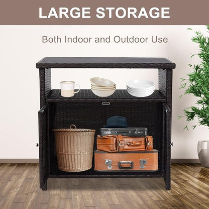 Kinfant Outdoor Wicker Storage Cabinet, Patio Bar Table with Two Doors and Shelves, Weatherproof Wicker Storage Console Table for Outdoor Sofas, Patio Pool Garden Kitchen (Brownish Black)