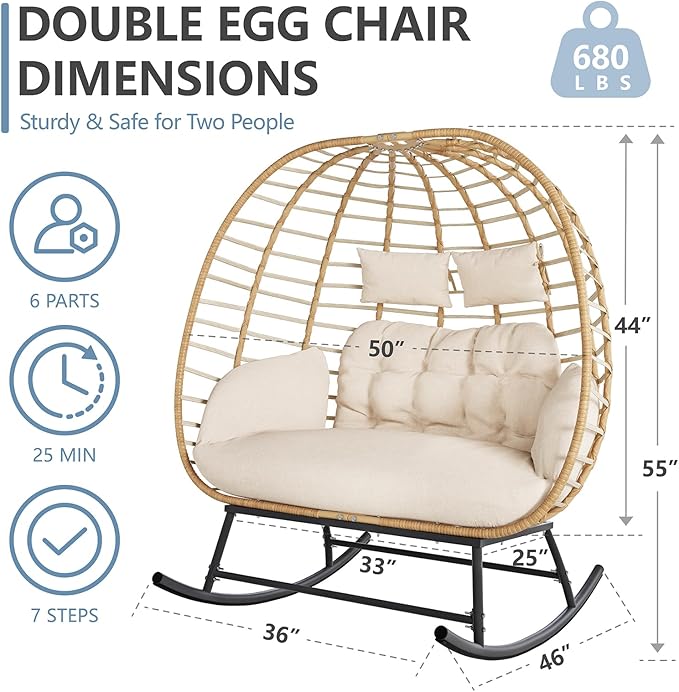 SWITTE Double Wicker Egg Rocking Chair Outdoor, Indoor Egg Swing Loveseat with Thick Cushions - Photo 2