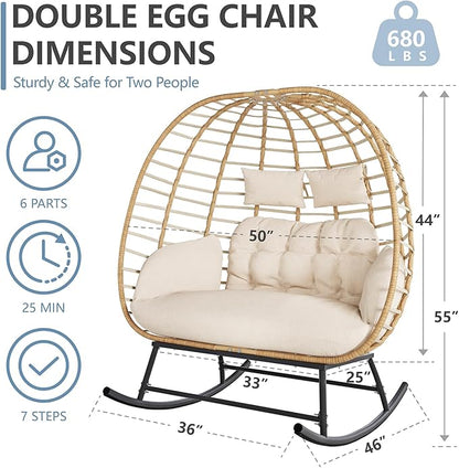 SWITTE Double Wicker Egg Rocking Chair Outdoor, Indoor Egg Swing Loveseat with Thick Cushions, Oversized 2-Person Patio Lounge Chair, 680 LBS Capacity for Balcony, Backyard, Porch-Beige