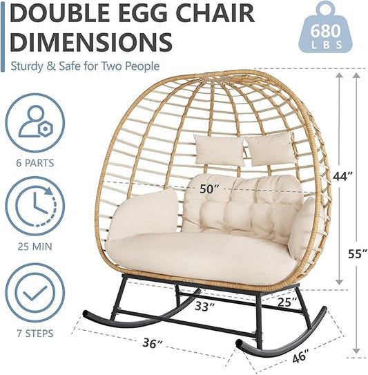 SWITTE Double Wicker Egg Rocking Chair Outdoor, Indoor Egg Swing Loveseat with Thick Cushions, Oversized 2-Person Patio Lounge Chair, 680 LBS Capacity for Balcony, Backyard, Porch-Beige