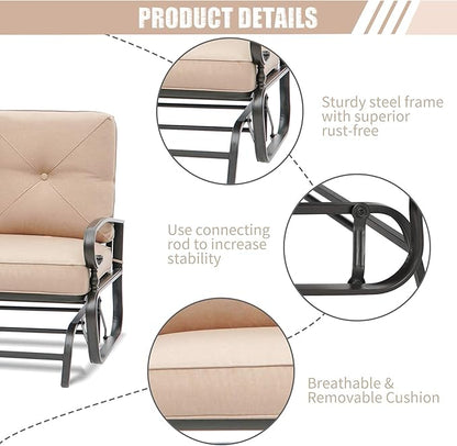 Patio Bench, Porch Glider Outdoor Swing Glider Rocking Loveseat, Steel Frame Chair with Thick Cushion (Brown)