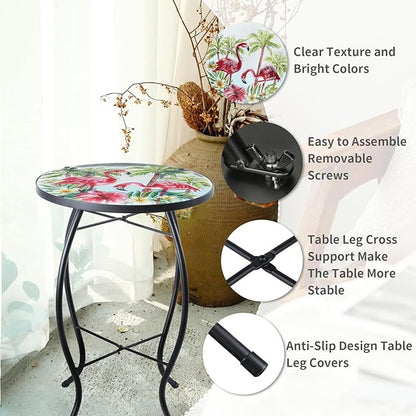 VCUTEKA Patio Side Table Outdoor Accent Table Small Mosaic Table Coffee Table End Porch Indoor Outdoor Round Glass Balcony Bistro Three Flamingos 14 inches