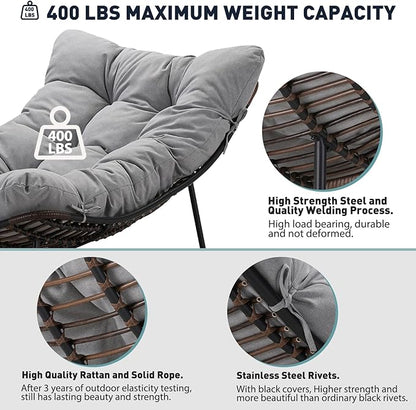 Outdoor Papasan Rocking Chair Oversized - Rocking Chair with Soft Cushion, 30° Rocker Egg Chair for Patio, Front Porch, Backyard, Living Room, Grey
