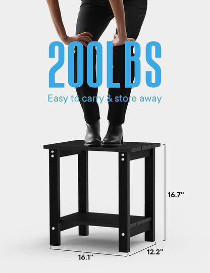 MXIMU Outdoor Side Table for Patio: 16" HIPS Weatherproof Adirondack Table Set of 2 - Small End Tables with Storage for Outside Porch Deck Pool Lawn Garden - 2 Tier Easy Assembly No Maintenance Black
