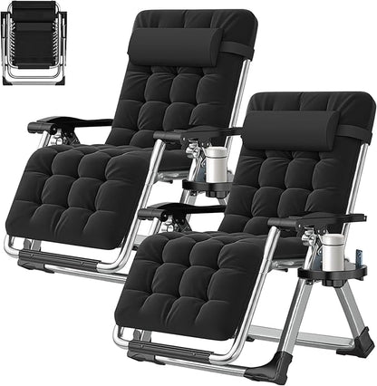 ABORON Zero Gravity Chair Set of 2, Outdoor Lounge Chairs Sun Loungers with Removable Cushion,Headrest,Cup Holder,Reclining Patio Lounger Chair for Indoor and Outdoor