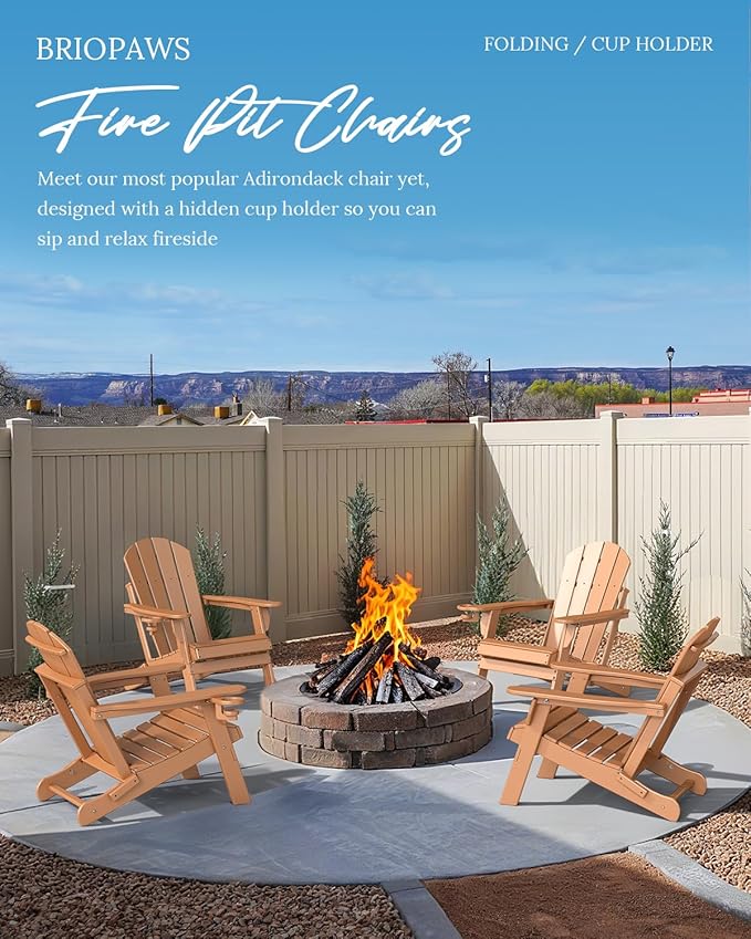 BRIOPAWS Folding-Adirondack-Chairs Set of 2 | HDPE | Fire Pit Chair | Cup Holder | Weather Resistance | Teak | for Outdoor Backyard Deck Patio