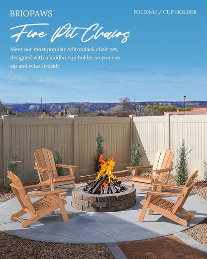 BRIOPAWS Folding-Adirondack-Chairs Set of 2 | HDPE | Fire Pit Chair | Cup Holder | Weather Resistance | Teak | for Outdoor Backyard Deck Patio