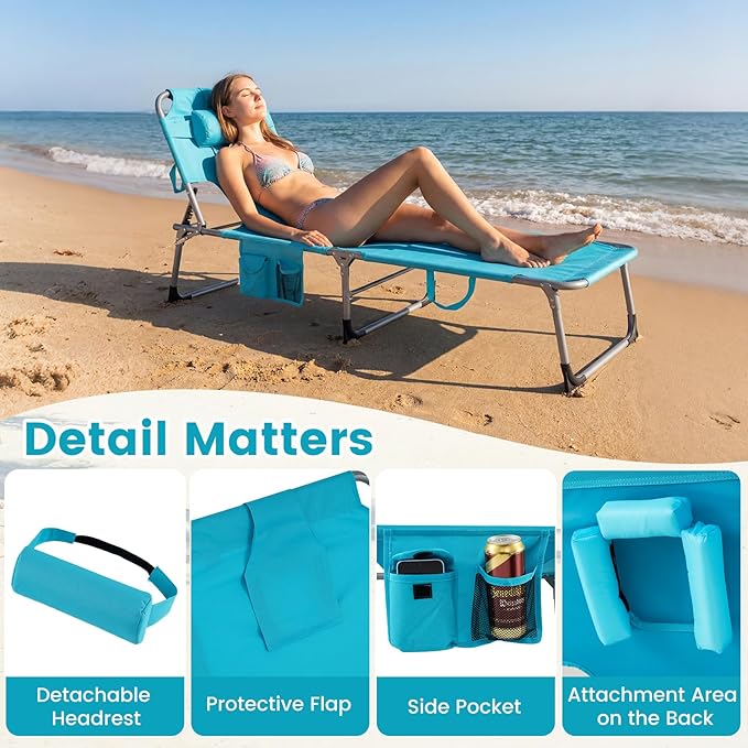 Giantex Face Down Tanning Chair, Folding Beach Lounge Chair w/ 4-Position Adjustable Backrest, Outdoor Sunbathing Lounge Chair w/Face Arm Holes & Storage Pocket for Patio Deck Poolside (2, Turquoise)