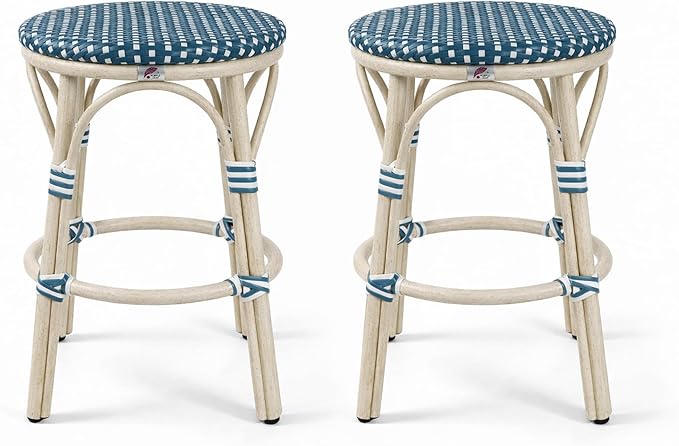 PURPLE LEAF Outdoor French Round Counter Stool Set of 2 Large 26" Woven Rattan Seat Backless Barstools White Print Aluminum Frame for Patio Indoor Island Bistro Restaurant Soft Blue