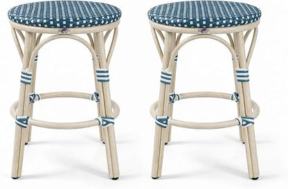 PURPLE LEAF Outdoor French Round Counter Stool Set of 2 Large 26" Woven Rattan Seat Backless Barstools White Print Aluminum Frame for Patio Indoor Island Bistro Restaurant Soft Blue