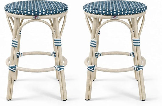 PURPLE LEAF Outdoor French Round Counter Stool Set of 2 Large 26" Woven Rattan Seat Backless Barstools White Print Aluminum Frame for Patio Indoor Island Bistro Restaurant Soft Blue