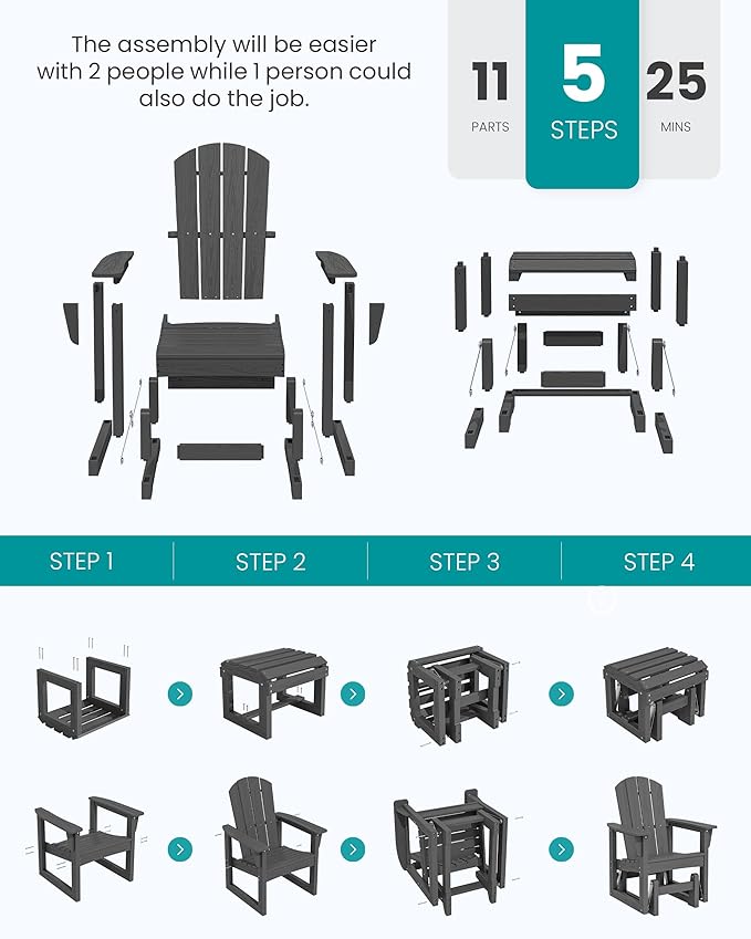SERWALL Outdoor Glider Chair Set of 4 with Ottoman, HDPE Wood-Like Patio Glider Set All-Weather Porch Glider for Outside - Photo 9