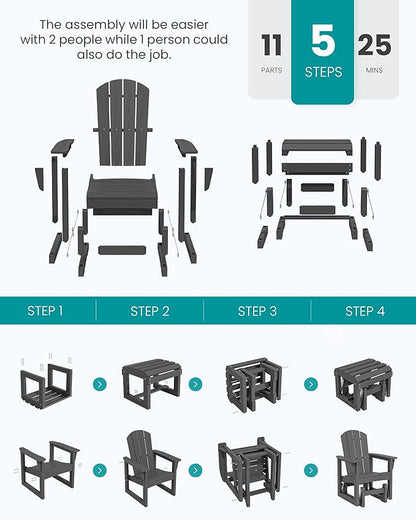 SERWALL Outdoor Glider Chair Set of 4 with Ottoman, HDPE Wood-Like Patio Glider Set All-Weather Porch Glider for Outside, Gray