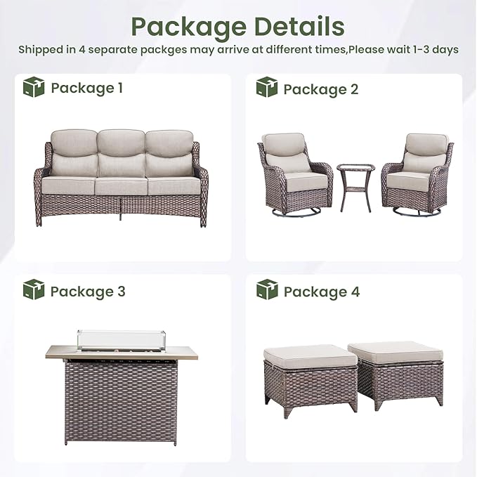 Luxury Patio Furniture Set with 6-inch Thick Cushion, Outdoor Furniture with Fire Pit Table, Swivel Chairs, Sofa - Photo 2
