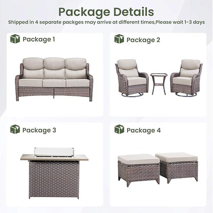 Luxury Patio Furniture Set with 6-inch Thick Cushion, Outdoor Furniture with Fire Pit Table, Swivel Chairs, Sofa, Side Table, Ottomans, 7pcs Wicker Conversation Set for Deck Yard and Poolside(Beige)
