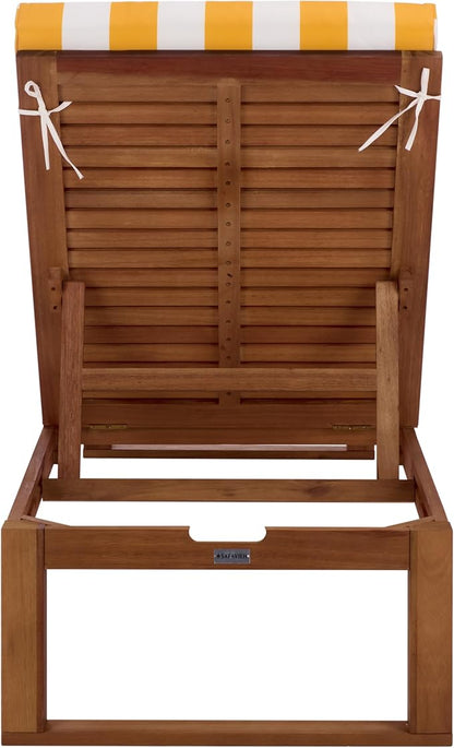 SAFAVIEH Outdoor Patio Furniture Collection - Sophie Natural Brown Solid Wood Chaise Lounge Chair, Adjustable Reclining, Yellow Stripe Cushion (PAT7101Y)