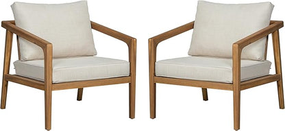 Christopher Knight Home Set of 2 Leland Patio Furniture Acacia Wood Club Chairs, Outdoor Lounge Chair, Relaxing Armchair/Accent Chair, Removable Cushion, Deep Seating, Sturdy Construction, Teak+Beige