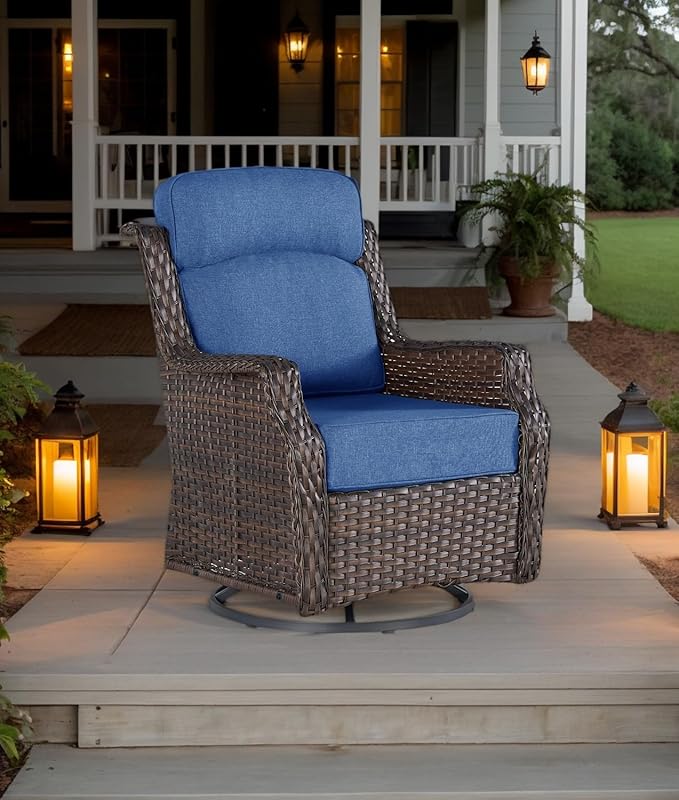 Outdoor Wicker Swivel Rocker Chair with 6-Inch Thick Cushions, High Back Patio Glider Chair, 360° Swivel & Rocking Motion for Porch, Deck, Balcony, Poolside, Brown/Blue