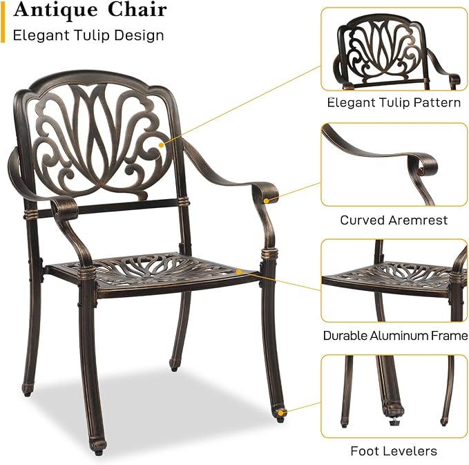 VINGLI Outdoor Dining Chairs Set of 4 Aluminum Patio Chairs, Cast Aluminum Patio Furniture Aluminum Outdoor Chairs for Backyard, Poolside, Balcony Bronze (4, Elizabeth Back Without Cushion)