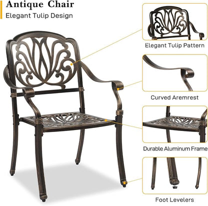VINGLI Patio Chairs Set of 2, All-Weather Cast Aluminum Outdoor Dining Chairs, Metal Armchairs for Poolside, Backyard, Balcony (2, Elizabeth Back Without Cushion)