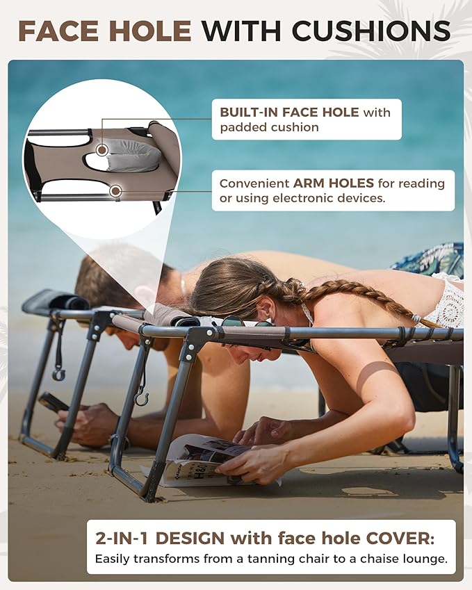 KingCamp 2 Pack Tanning Chair with Face Hole, Lounge Chairs Outdoor Folding Portable Comfy Adjustable 5-Position Foldable Chaise Chaser with Canopy Shade for Outside Beach, Beige
