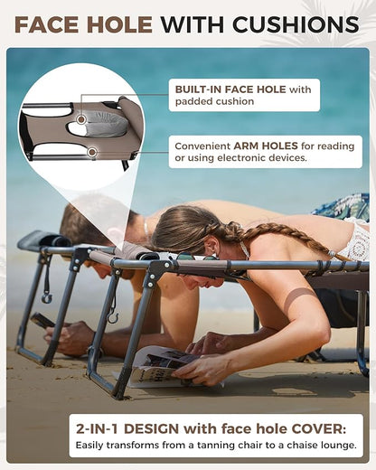 KingCamp 2 Pack Tanning Chair with Face Hole, Lounge Chairs Outdoor Folding Portable Comfy Adjustable 5-Position Foldable Chaise Chaser with Canopy Shade for Outside Beach, Beige