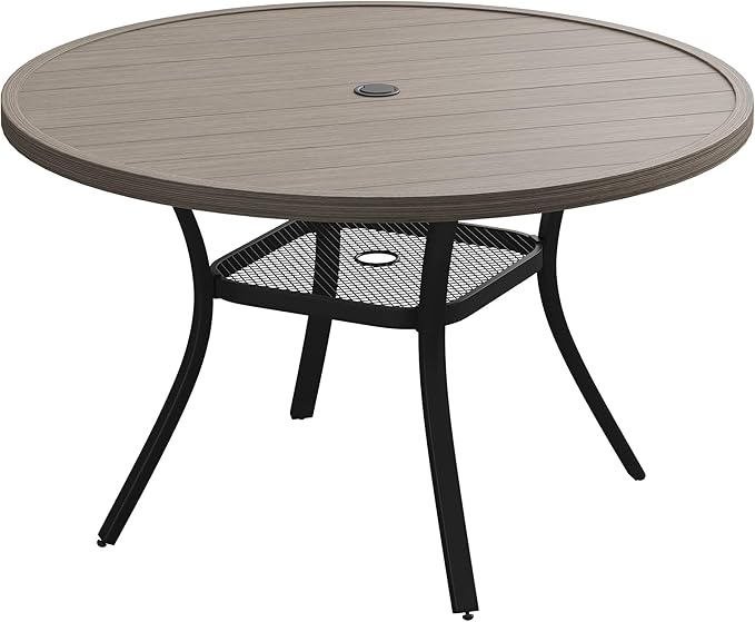 Patio Dining Table for 4-6, Round Metal Outdoor Table with 1.57" Umbrella Hole, 47" Outdoor Slat Tabletop Dining Table for Backyard, Porch, Lawn, Grey