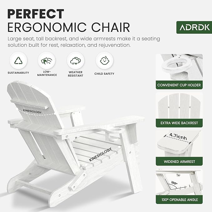 Folding Adirondack Chair with Cup Holder, HDPE All-Weather Folding Patio Chair, Outdoor Patio Adirondack Chair for Lawn Porch Garden Backyard Deck Fire Pit, White