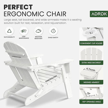 Folding Adirondack Chair with Cup Holder, HDPE All-Weather Folding Patio Chair, Outdoor Patio Adirondack Chair for Lawn Porch Garden Backyard Deck Fire Pit, White