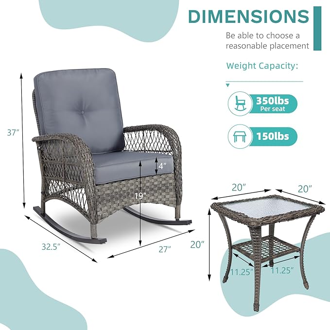 MEETWARM 3 Pieces Outdoor Wicker Rocking Chair Set - Photo 5