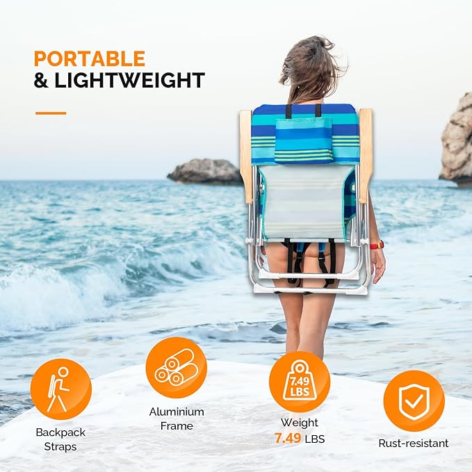 VINGLI 17" Tall Beach Chairs for Adults,Aluminum 4-Position Backpack Beach Chair with Wooden Armrests,Folding Lawn Chair for Outdoor, Camping, Patio