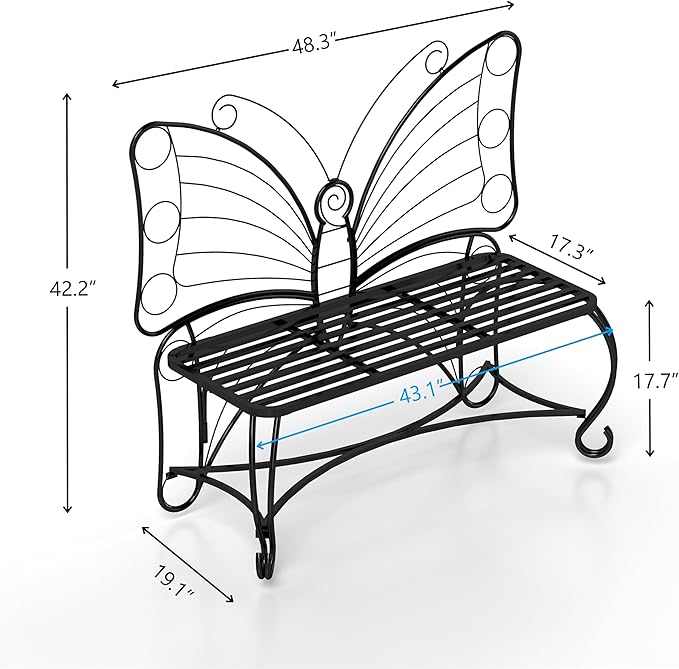 Small Metal Butterfly Garden Bench, Outdoor Benches Weatherproof, Patio Porch Bench for Outdoors, Outdoor Butterfly Chair Armless for Front Porch/Yard/Entryway (Black)