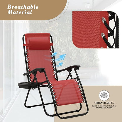 Athena Collection Zero Gravity Outdoor Lounge Chair Set of 2 with Side Table, 25" Width Pool Lounge Lawn Chairs Reclining with Cup Holder, Outdoor Chaise for Beach Patio Backyard Outside, Dark Red