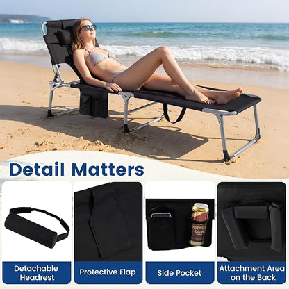 Giantex Face Down Tanning Chair, Folding Beach Lounge Chair w/ 4-Position Adjustable Backrest, Outdoor Sunbathing Lounge Chair w/Face Arm Holes & Storage Pocket for Patio Deck Poolside (2, Black)