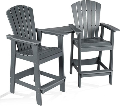 Aoodor Tall Adirondack Chairs Set of 2,HDPE Patio Bar Stool with Connecting Tray,All-Weather Balcony Chair for Outdoor Backyard, Garden, Yard - Gray
