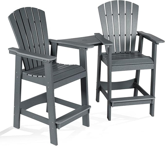 Aoodor Tall Adirondack Chairs Set of 2,HDPE Patio Bar Stool with Connecting Tray,All-Weather Balcony Chair for Outdoor Backyard, Garden, Yard - Gray