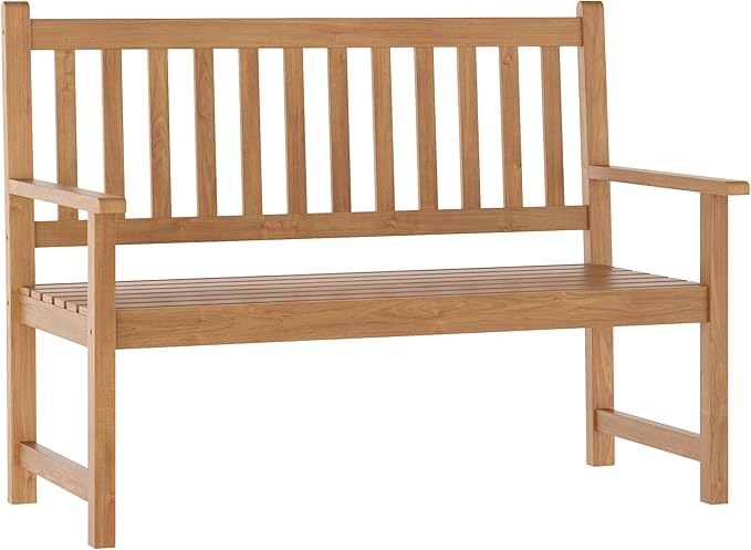 EMMA + OLIVER Ashford Patio Bench for Indoor/Outdoor Use, Acacia Wood Slatted Loveseat for 2, Perfect for Sunroom, Garden, Backyard or Porch, Brown