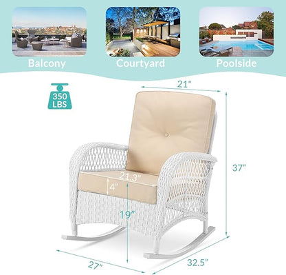 MEETWARM Outdoor Wicker Rocking Chair, Rattan Patio Rocker Chairs with Cushions and High Back, All-Weather Patio Wicker Chair with Safe Rocking Design for Garden Backyard Porch, White/Beige
