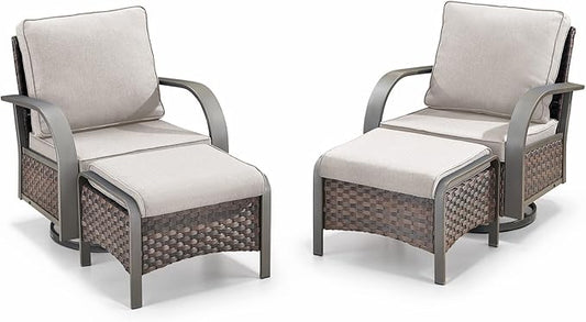 Belord 4 Pieces Patio Furniture Sets - Swivel Rocker Outdoor Chairs with Ottomans, All Weather Wicker Swivel Furniture Glider Seating Set for Porch Deck Sunroom Backyard