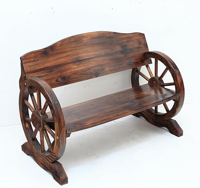 Outdoor Garden Bench, Rustic Wooden Wagon Wheel Bench Wheel Arms, w/Curved Backrest and Wide Armrest, 2-3 People Park Bench, Suitable for Backyard, Patio, Porch(A,59x21.6x31.1in)
